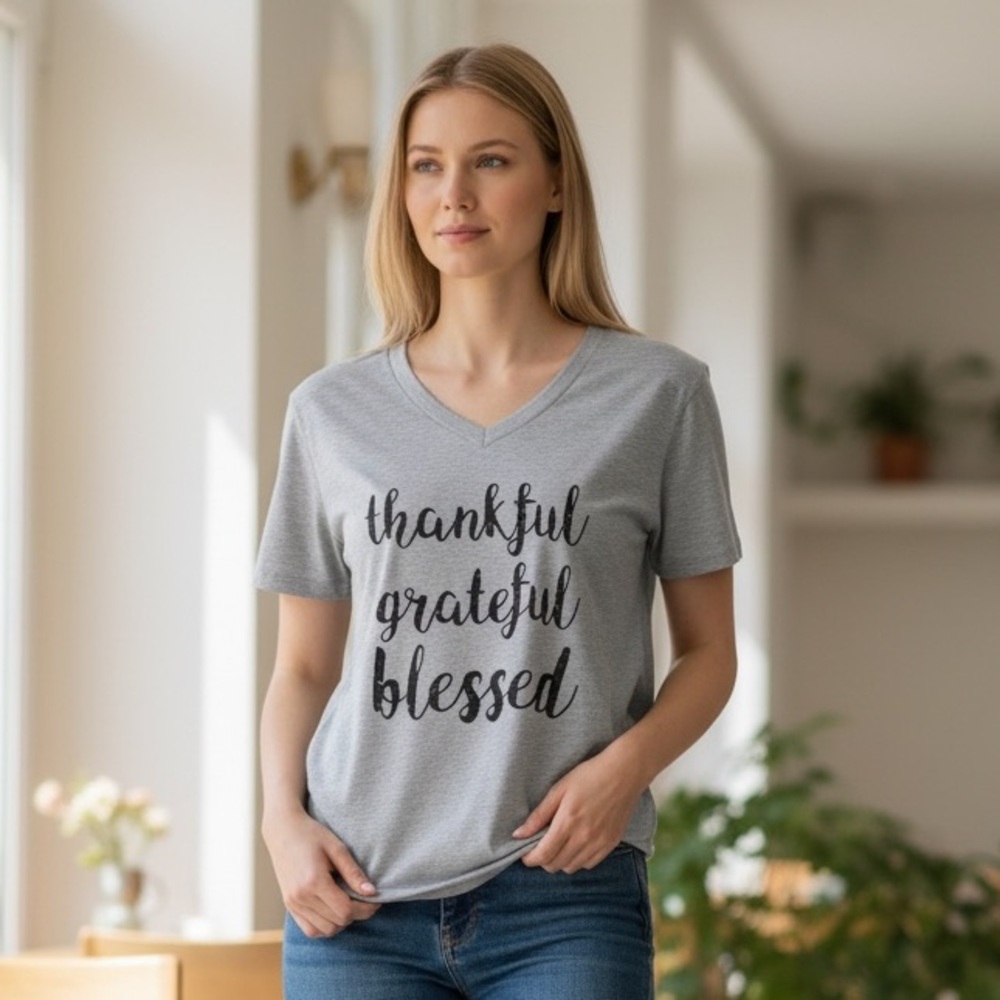 Soul Sunrise Thankful & Blessed V-Neck Tee- So Soft•XL-2X